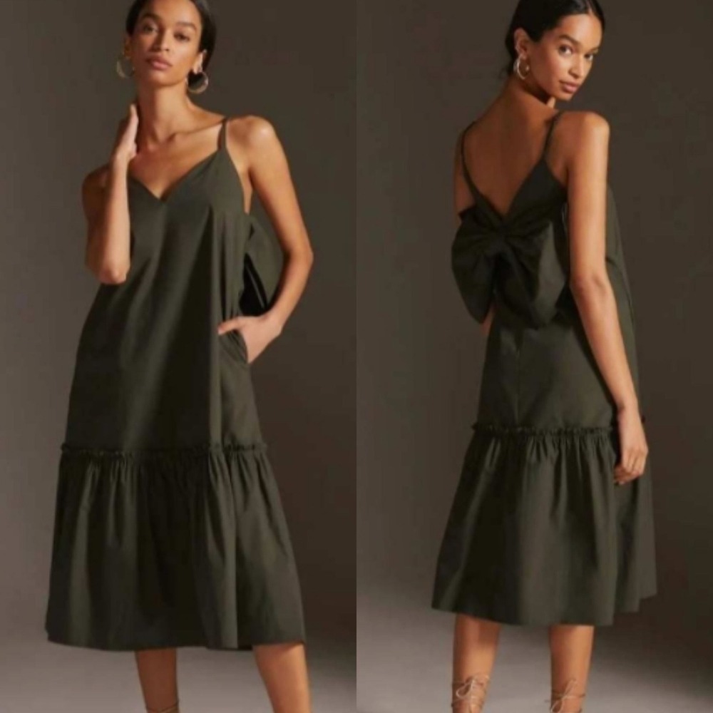 Blue Tassel Olive Green Back Bow Tiered Midi Dress V-Neck Pockets Large